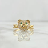 Bear Face Ring Infinity Hoop 3.35gr / Size 7 1/2 / White Zircons - Yellow Gold Green