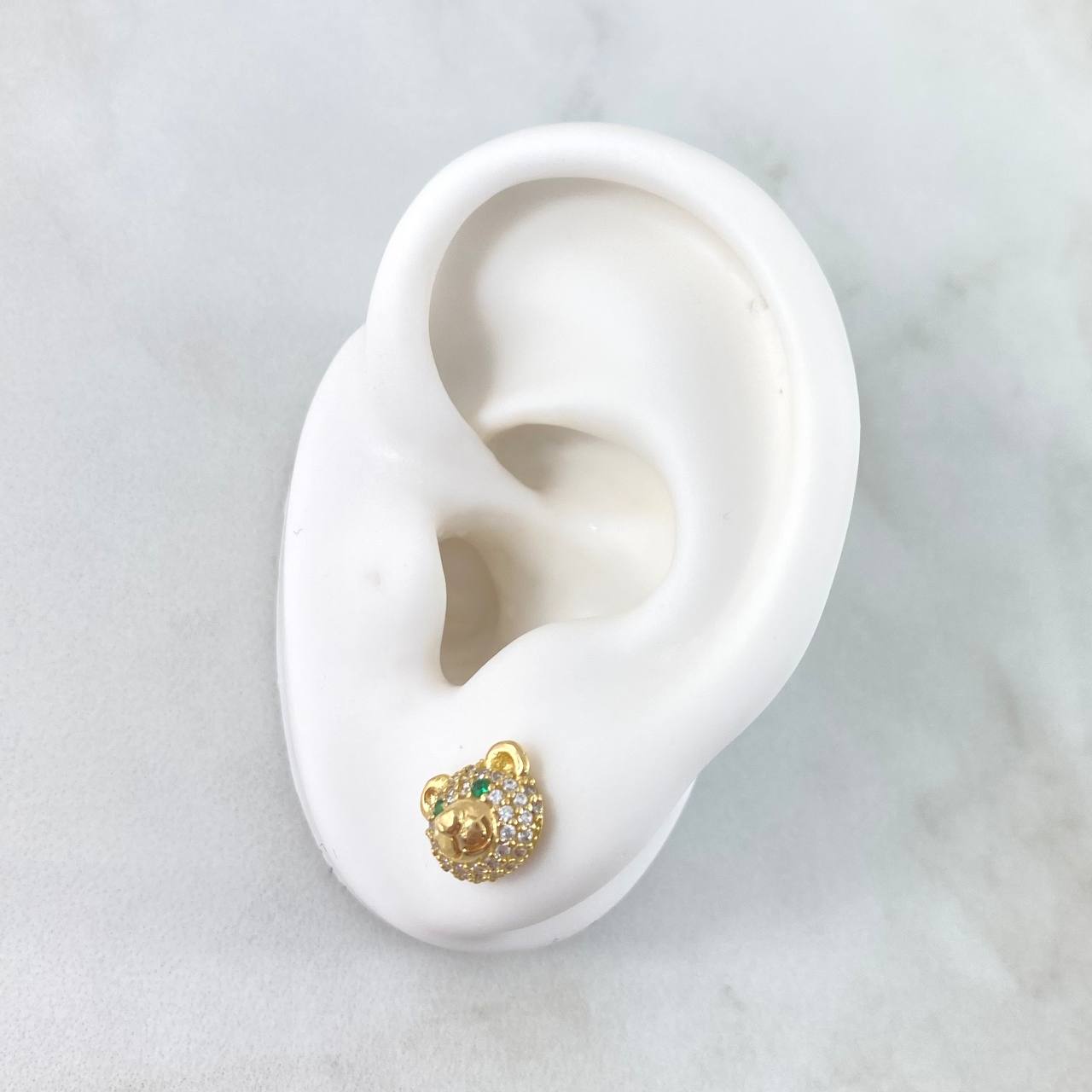 Stud Earrings Bear Face White Zircons - Green 3.45gr / 8mm Lobster Claw 18K Yellow Gold Butterfly *