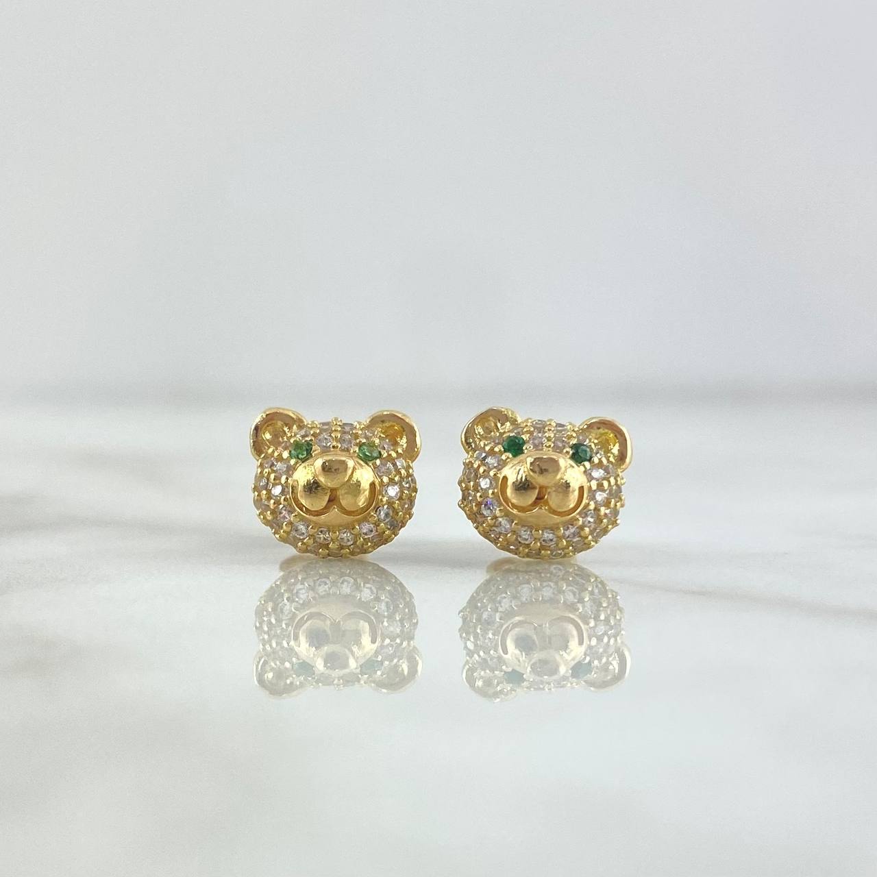Stud Earrings Bear Face White Zircons - Green 3.45gr / 8mm Lobster Claw 18K Yellow Gold Butterfly *