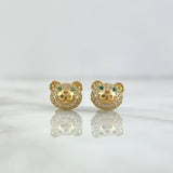 Stud Earrings Bear Face White Zircons - Green 3.45gr / 8mm Lobster Claw 18K Yellow Gold Butterfly *
