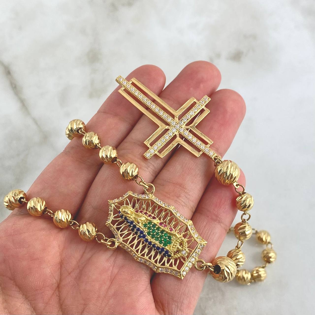 Virgin of Guadalupe Rosary Silhouette Filigree 41.3gr / 60cm / 7mm-8mm Beads Diamond Cut White Blue Green Fuchsia Zircons Double Cross 18K Yellow Gold *