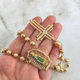 Virgin of Guadalupe Rosary Silhouette Filigree 41.3gr / 60cm / 7mm-8mm Beads Diamond Cut White Blue Green Fuchsia Zircons Double Cross 18K Yellow Gold *