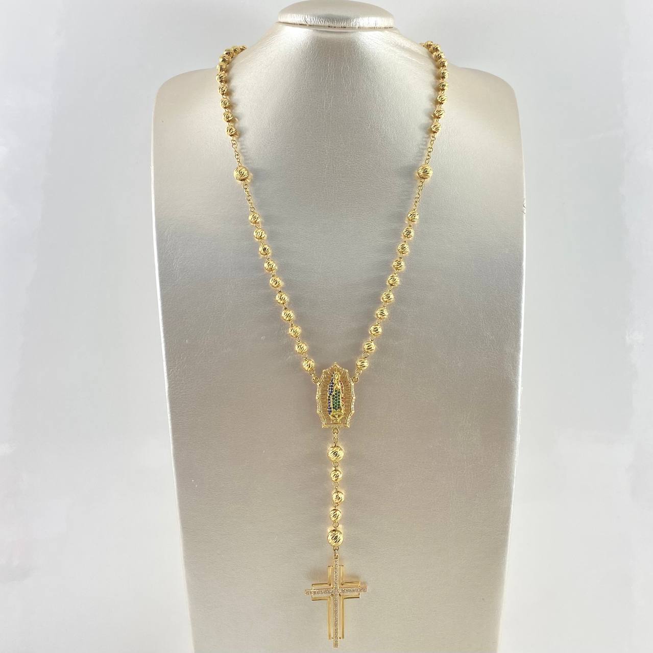Virgin of Guadalupe Rosary Silhouette Filigree 41.3gr / 60cm / 7mm-8mm Beads Diamond Cut White Blue Green Fuchsia Zircons Double Cross 18K Yellow Gold *