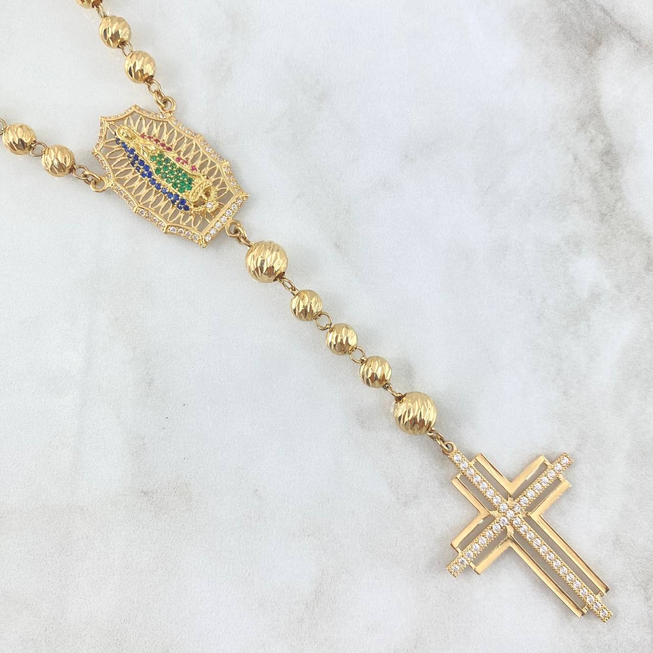 Virgin of Guadalupe Rosary Silhouette Filigree 41.3gr / 60cm / 7mm-8mm Beads Diamond Cut White Blue Green Fuchsia Zircons Double Cross 18K Yellow Gold *