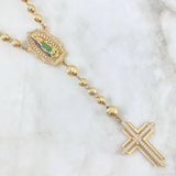 Virgin of Guadalupe Rosary Silhouette Filigree 41.3gr / 60cm / 7mm-8mm Beads Diamond Cut White Blue Green Fuchsia Zircons Double Cross 18K Yellow Gold *