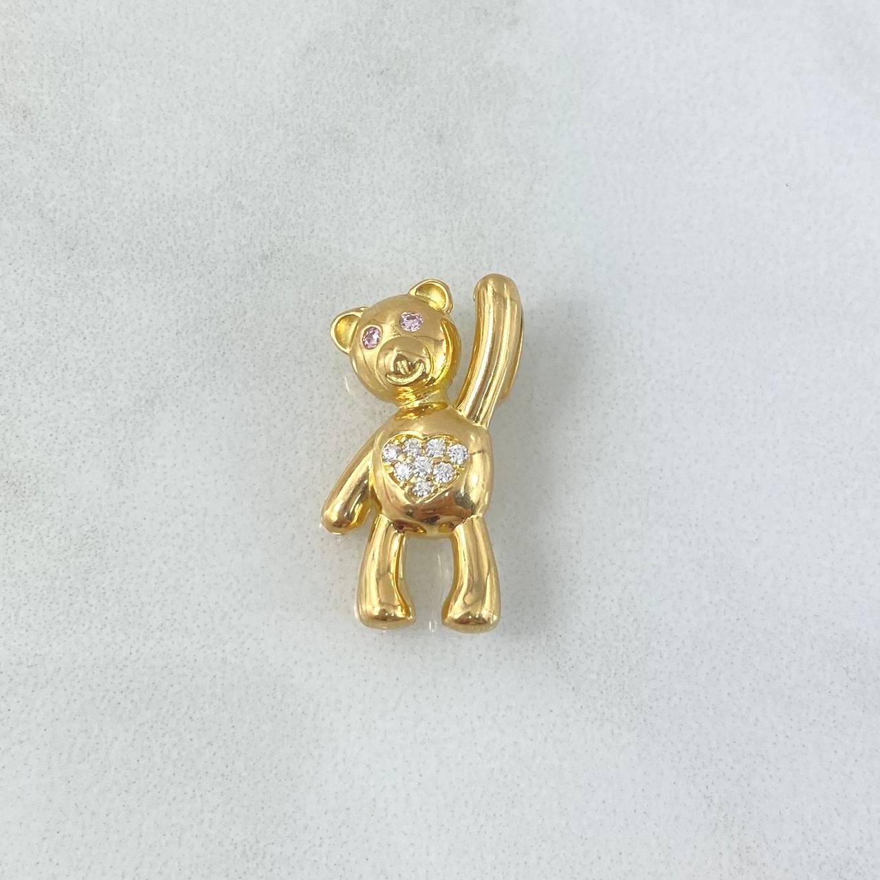 Pendant Little Bear Thumbs Up 4.35gr / 2.2cm / White Zircons Pink Eyes Yellow Gold