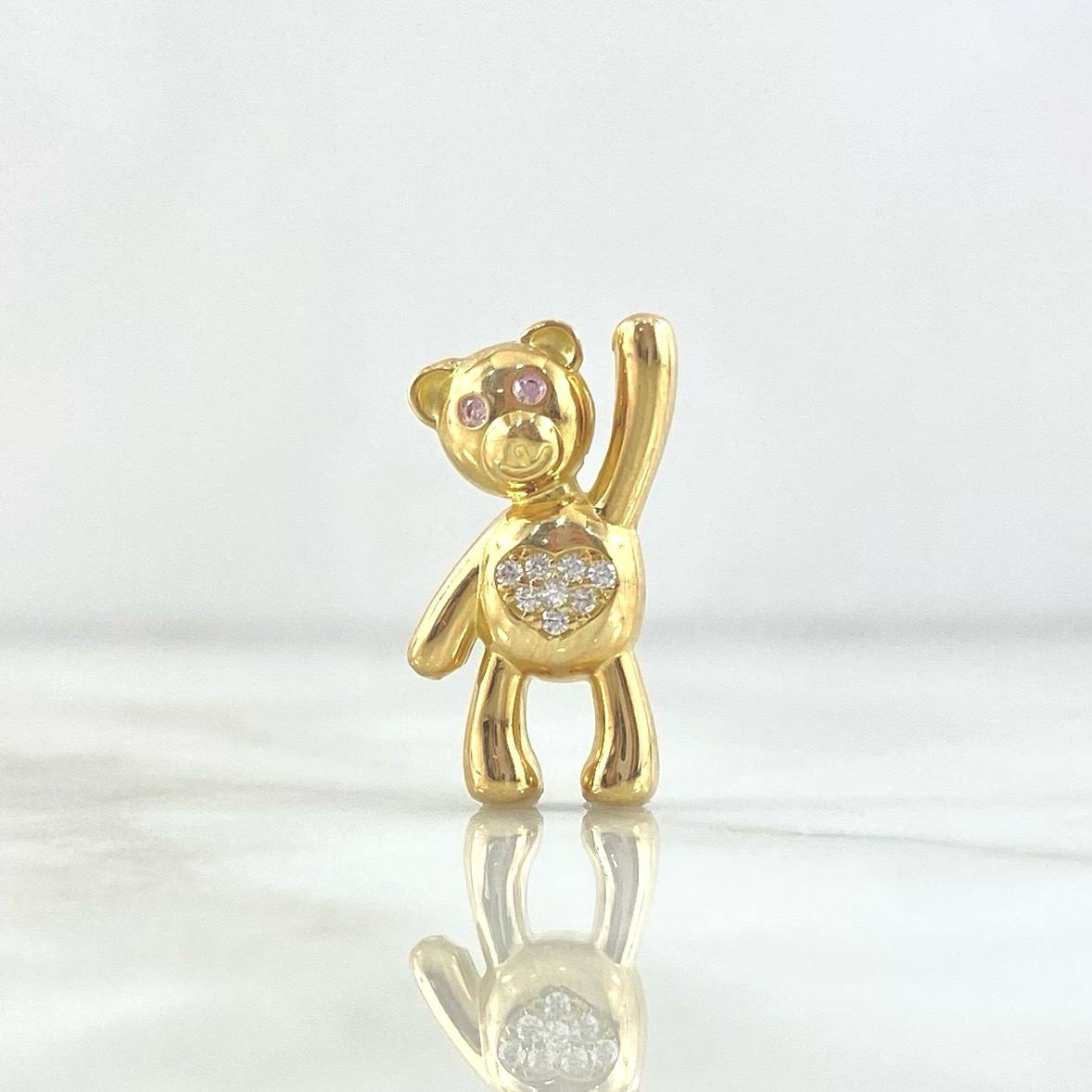 Pendant Little Bear Thumbs Up 4.35gr / 2.2cm / White Zircons Pink Eyes Yellow Gold