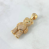 Pendant Articulated Bear Heart Necklace 9.1gr / 3.5cm / White Zircons Green Eyes Red Bow Yellow Gold