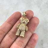 Pendant Articulated Bear Heart Necklace 9.1gr / 3.5cm / White Zircons Green Eyes Red Bow Yellow Gold