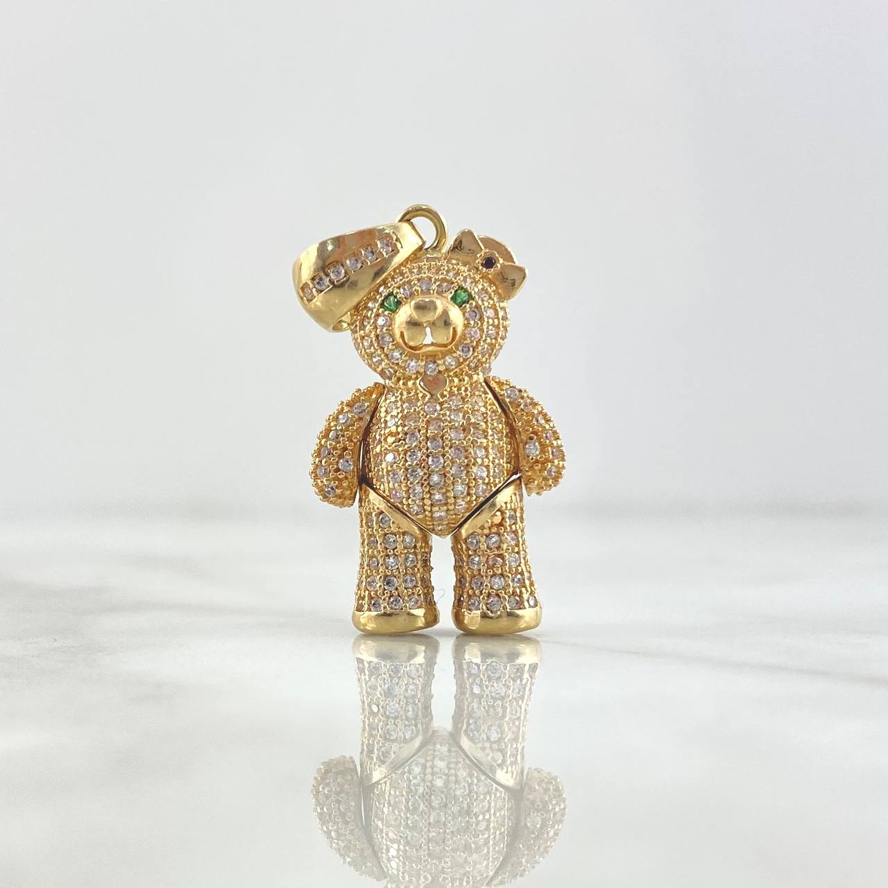 Pendant Articulated Bear Heart Necklace 9.1gr / 3.5cm / White Zircons Green Eyes Red Bow Yellow Gold