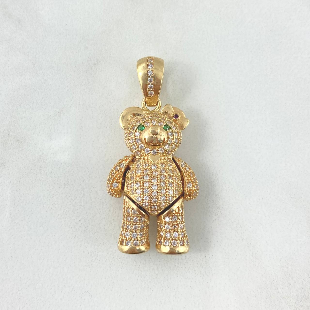 Pendant Articulated Bear Heart Necklace 9.1gr / 3.5cm / White Zircons Green Eyes Red Bow Yellow Gold