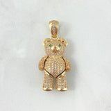 Pendant Articulated Bear Heart Necklace 9.1gr / 3.5cm / White Zircons Green Eyes Red Bow Yellow Gold