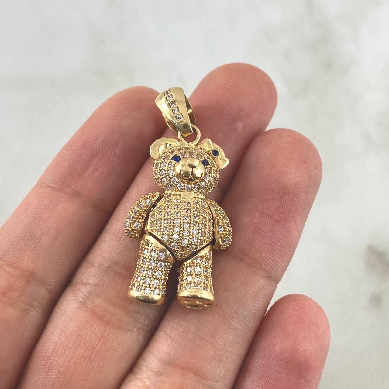 Pendant Articulated Bear Heart Necklace 9.15gr / 3.5cm / White Zircons Eyes and Blue Bow Yellow Gold