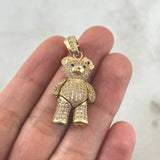 Pendant Articulated Bear Heart Necklace 9.15gr / 3.5cm / White Zircons Eyes and Blue Bow Yellow Gold