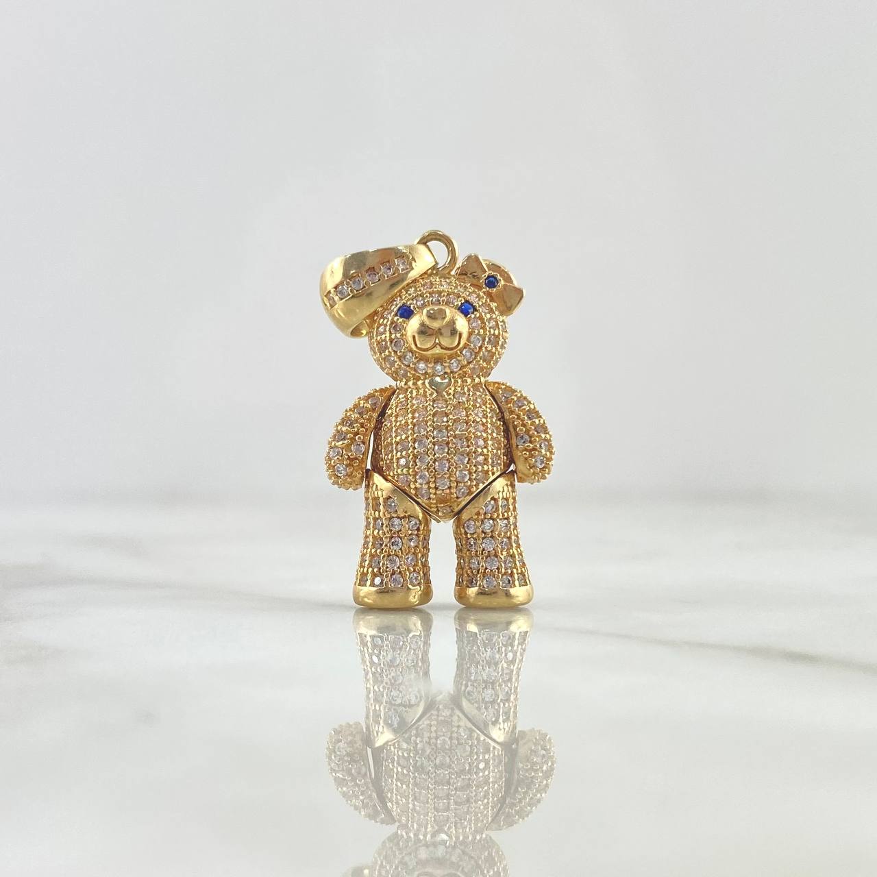Pendant Articulated Bear Heart Necklace 9.15gr / 3.5cm / White Zircons Eyes and Blue Bow Yellow Gold