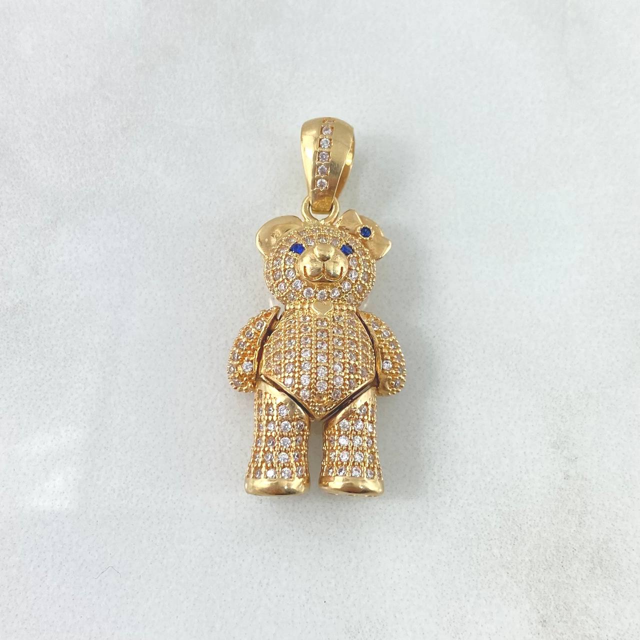 Pendant Articulated Bear Heart Necklace 9.15gr / 3.5cm / White Zircons Eyes and Blue Bow Yellow Gold
