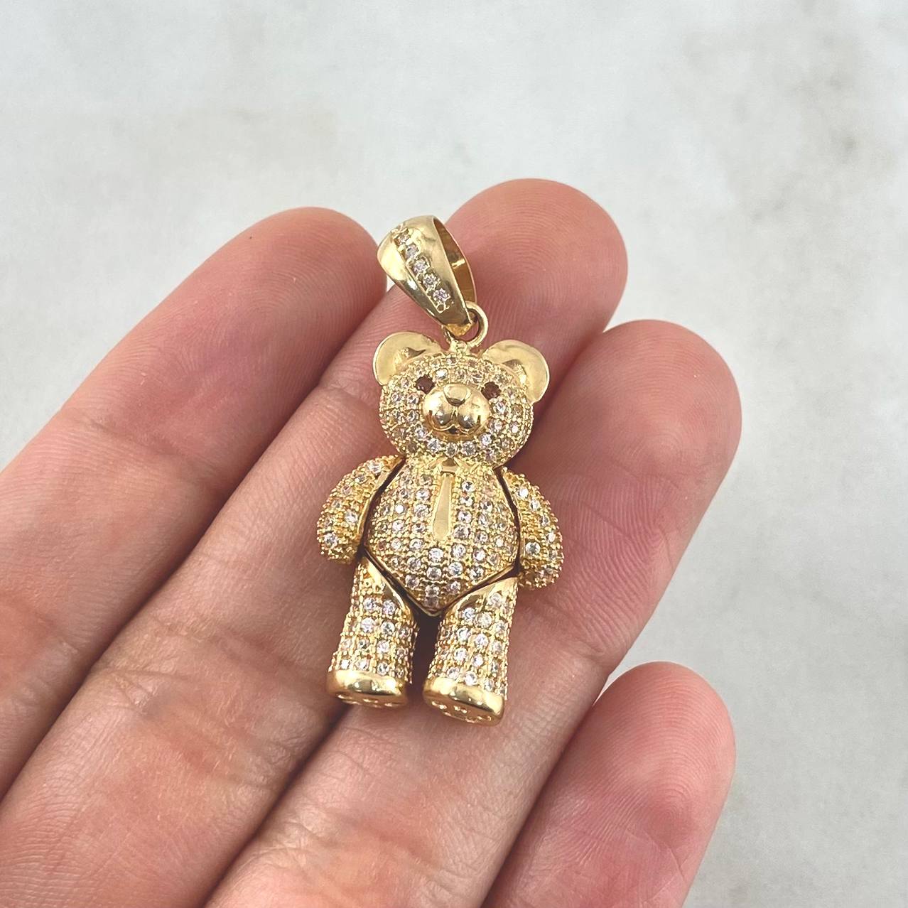 Pendant Articulated Bear Tie 8.75gr / 3.5cm / White Zircons Brown Eyes Yellow Gold