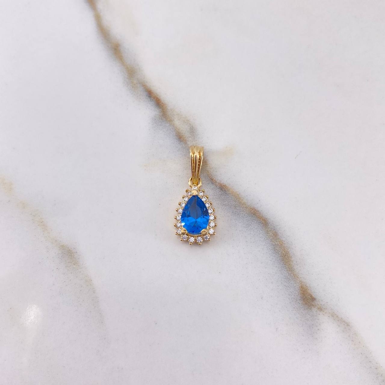 Pendant Halo Drop 1.5gr / 1.8cm / White Blue Zircons Yellow Gold &
