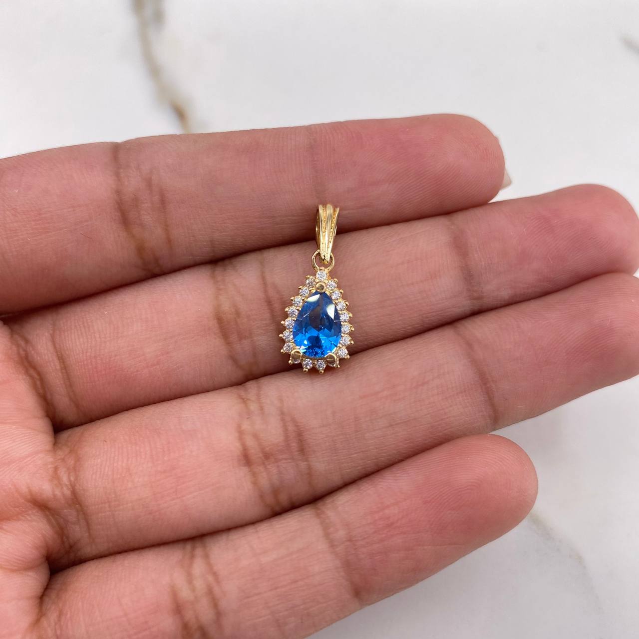 Pendant Halo Drop 1.5gr / 1.8cm / White Blue Zircons Yellow Gold &
