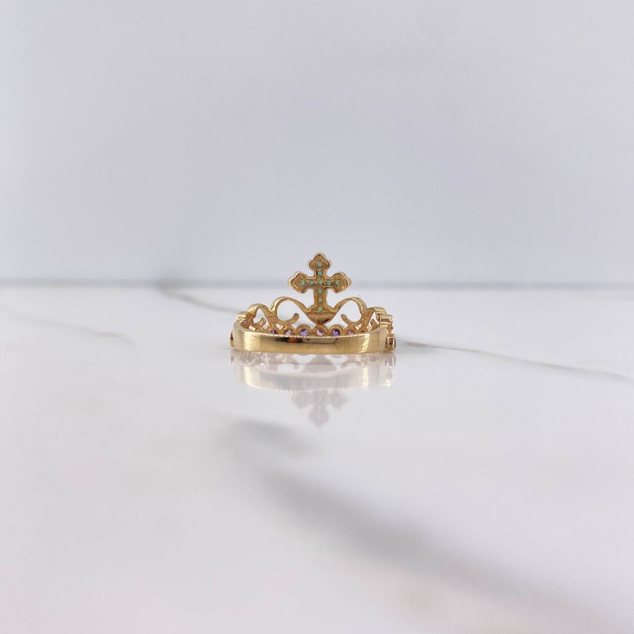 Cross Crown Ring 2.3gr / Size 6 / Green, Purple, Lilac Zircons Yellow Gold &