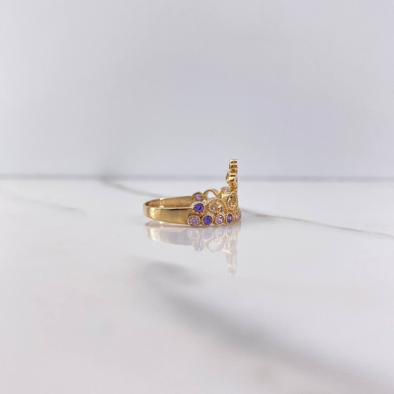 Cross Crown Ring 2.3gr / Size 6 / Green, Purple, Lilac Zircons Yellow Gold &