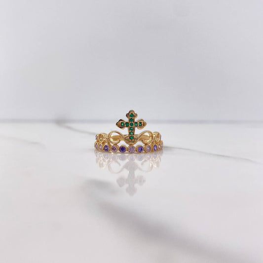Cross Crown Ring 2.3gr / Size 6 / Green, Purple, Lilac Zircons Yellow Gold &