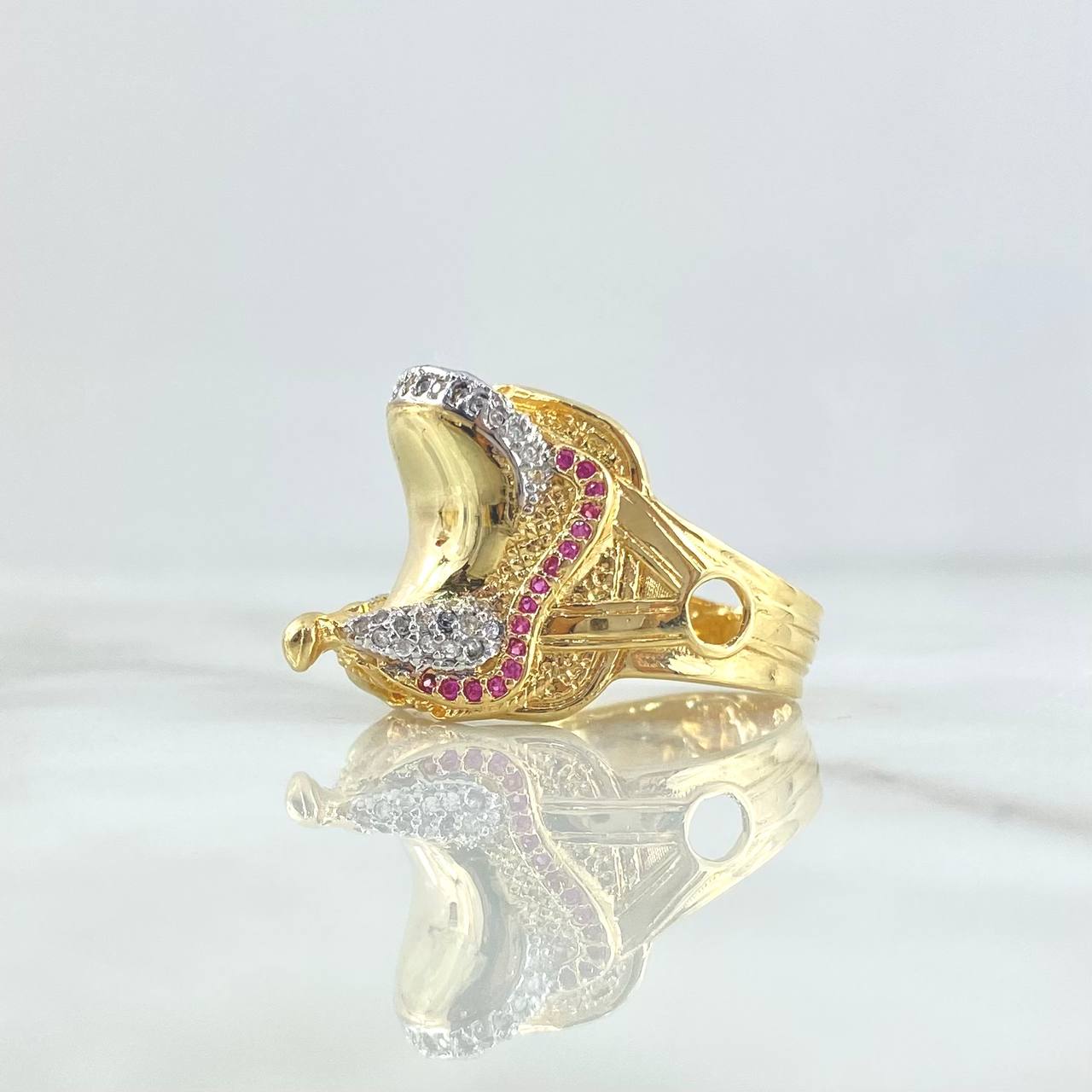 Horse Mount Ring 7.35gr / T10 1/4 / White and Fuchsia Zircons Yellow Gold ©