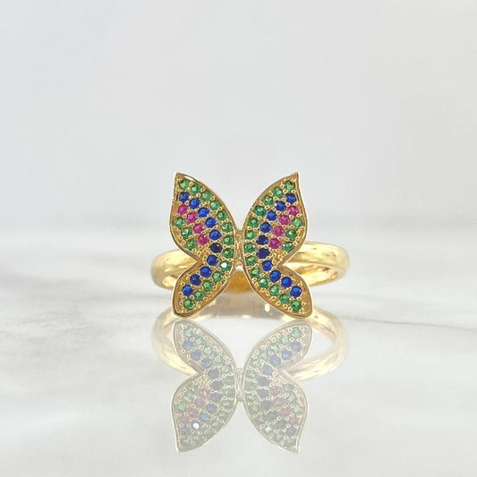 Butterfly Ring 2.7gr / Size 7 1/2 / Green, Blue, and Fuchsia Zircons Yellow Gold