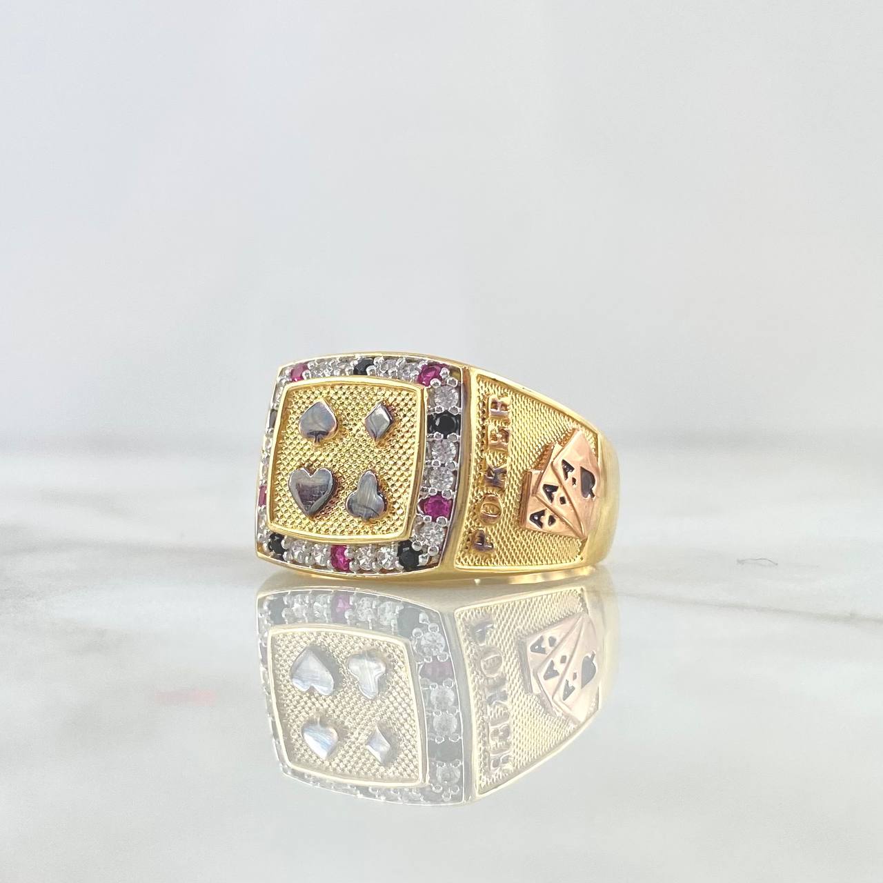 Poker Ring 10gr / Size 10 3/4 / White Black Fuchsia Zircons Yellow Gold *
