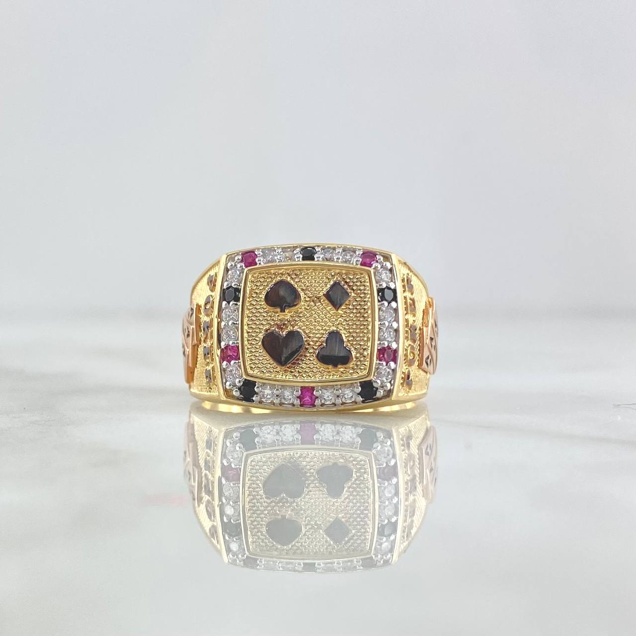 Poker Ring 10gr / Size 10 3/4 / White Black Fuchsia Zircons Yellow Gold *