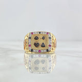 Poker Ring 10gr / Size 10 3/4 / White Black Fuchsia Zircons Yellow Gold *