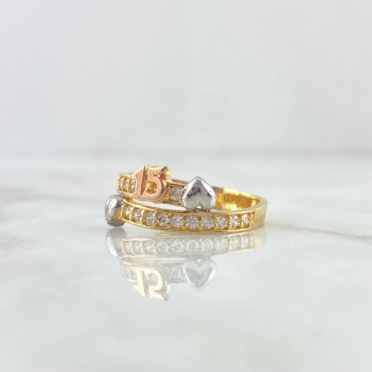 Quince Ring Heart Strap 3.1gr / Size 6 3/4 / White Zircons Three Golds ©