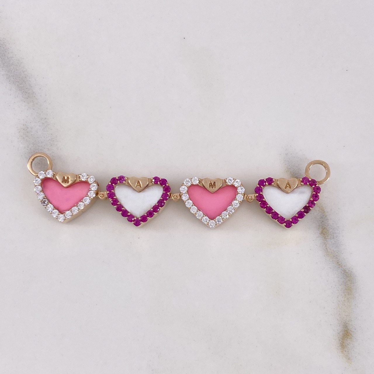 Pendant Magnetized Hearts 5.65gr / 5.2cm / White Fuchsia Zircons Yellow Gold $