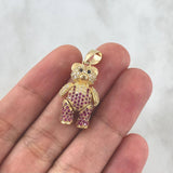Pendant Articulated Bear 5.85gr / 3cm / White Zircon Overalls - Fuchsia - Black Eyes 18K Yellow Gold ©