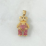 Pendant Articulated Bear 5.85gr / 3cm / White Zircon Overalls - Fuchsia - Black Eyes 18K Yellow Gold ©