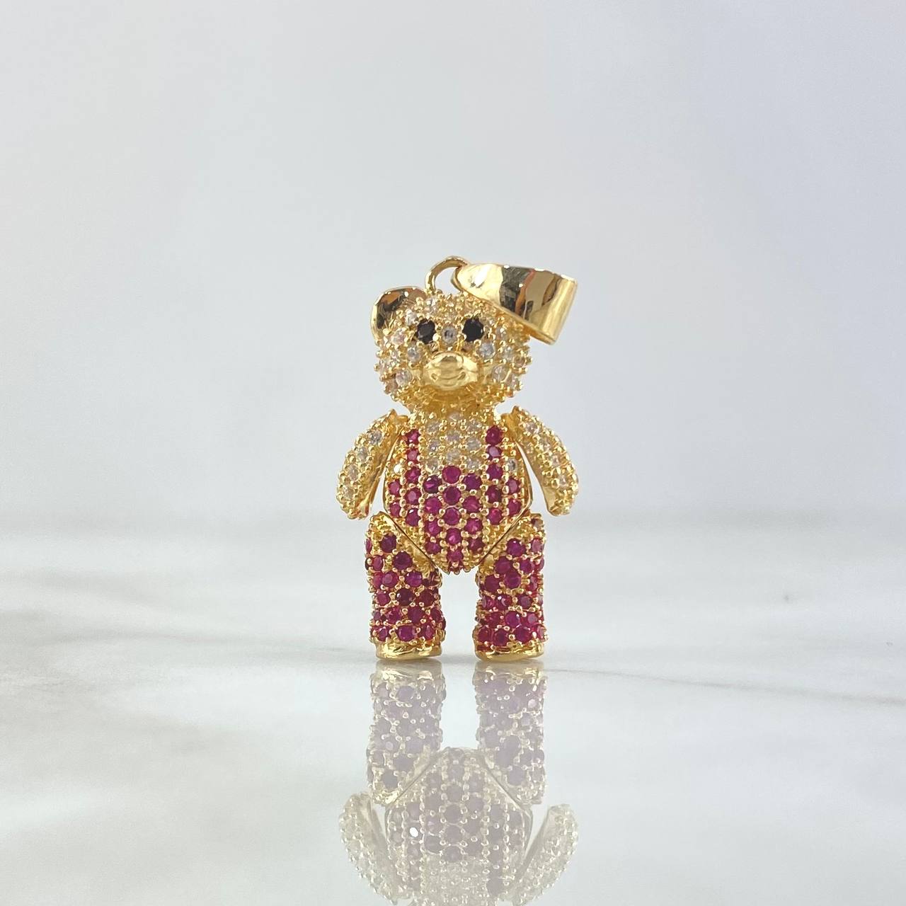 Pendant Articulated Bear 5.85gr / 3cm / White Zircon Overalls - Fuchsia - Black Eyes 18K Yellow Gold ©