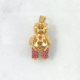 Pendant Articulated Bear 5.85gr / 3cm / White Zircon Overalls - Fuchsia - Black Eyes 18K Yellow Gold ©