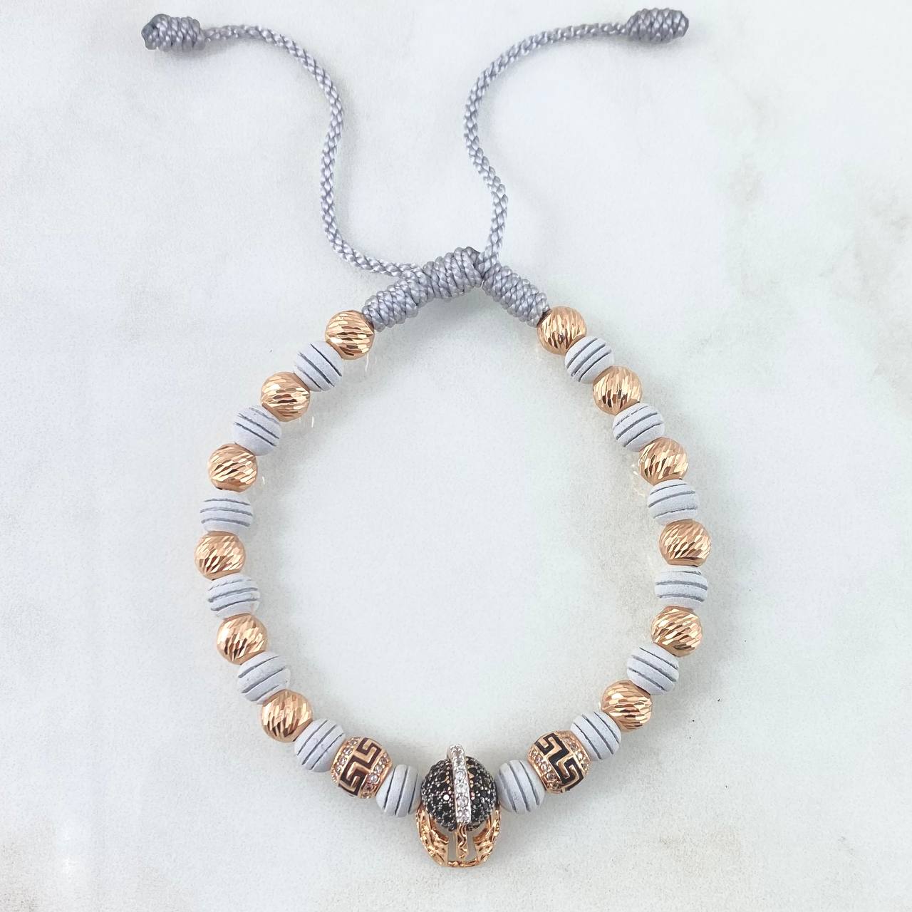 Gray Spartan Helmet Tribal Bracelet 6.55gr / 6mm Beads Diamond Cut - White Zircons - Black Rose Gold 18K ©