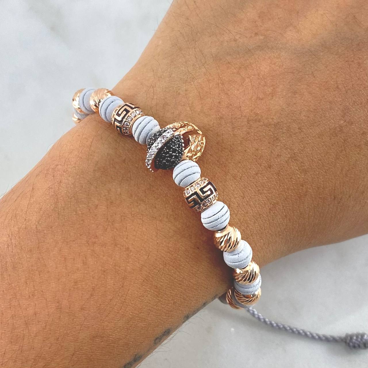 Gray Spartan Helmet Tribal Bracelet 6.55gr / 6mm Beads Diamond Cut - White Zircons - Black Rose Gold 18K ©