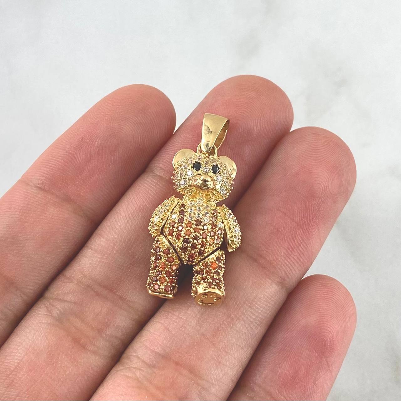 Pendant Articulated Bear 6.05gr / 3cm / White Zircon Overalls - Orange - Black Eyes 18K Yellow Gold *