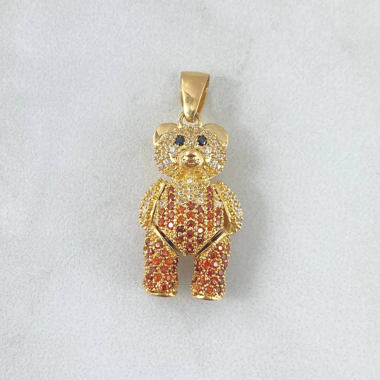 Pendant Articulated Bear 6.05gr / 3cm / White Zircon Overalls - Orange - Black Eyes 18K Yellow Gold *