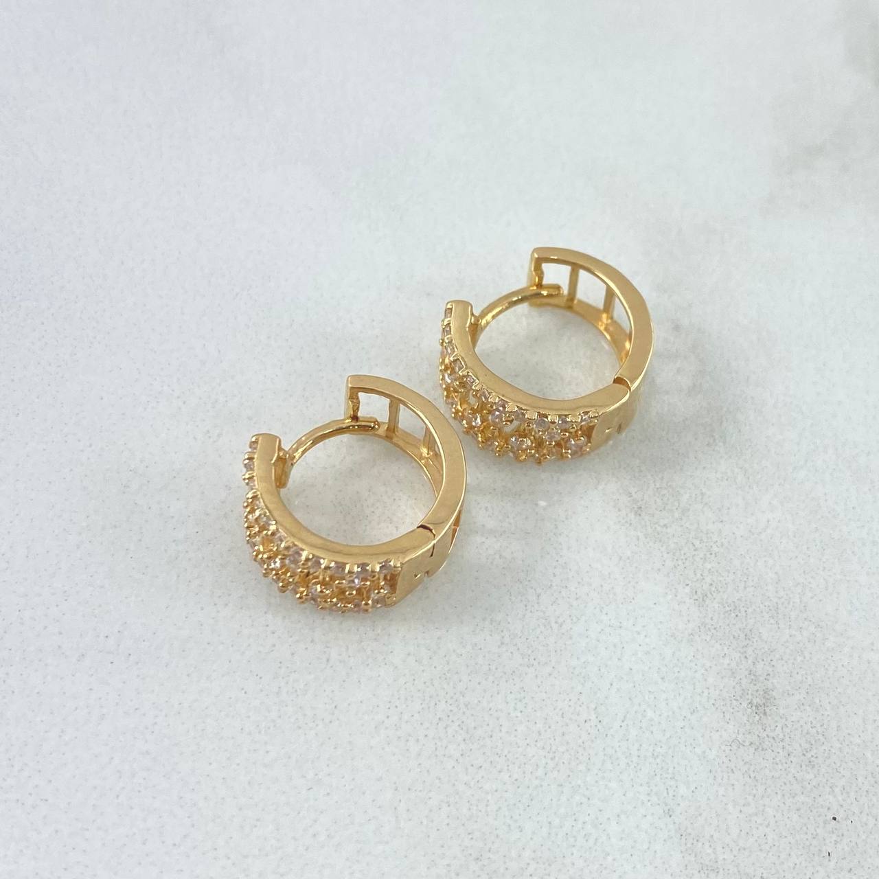 Hoop Earrings Stepped Drops 3.4gr / 10mm White Zircons 18K Yellow Gold ©