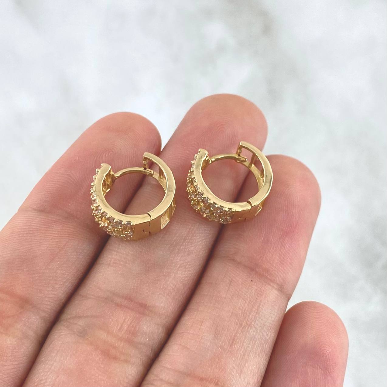 Hoop Earrings Stepped Drops 3.4gr / 10mm White Zircons 18K Yellow Gold ©