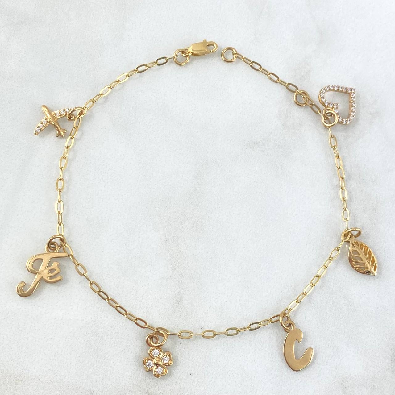 Bracelet Box 4.5gr / 18.5cm-20.5cm / "Airplane - Faith - Clover - Letter C - Leaf - Heart" 18K Yellow Gold ©