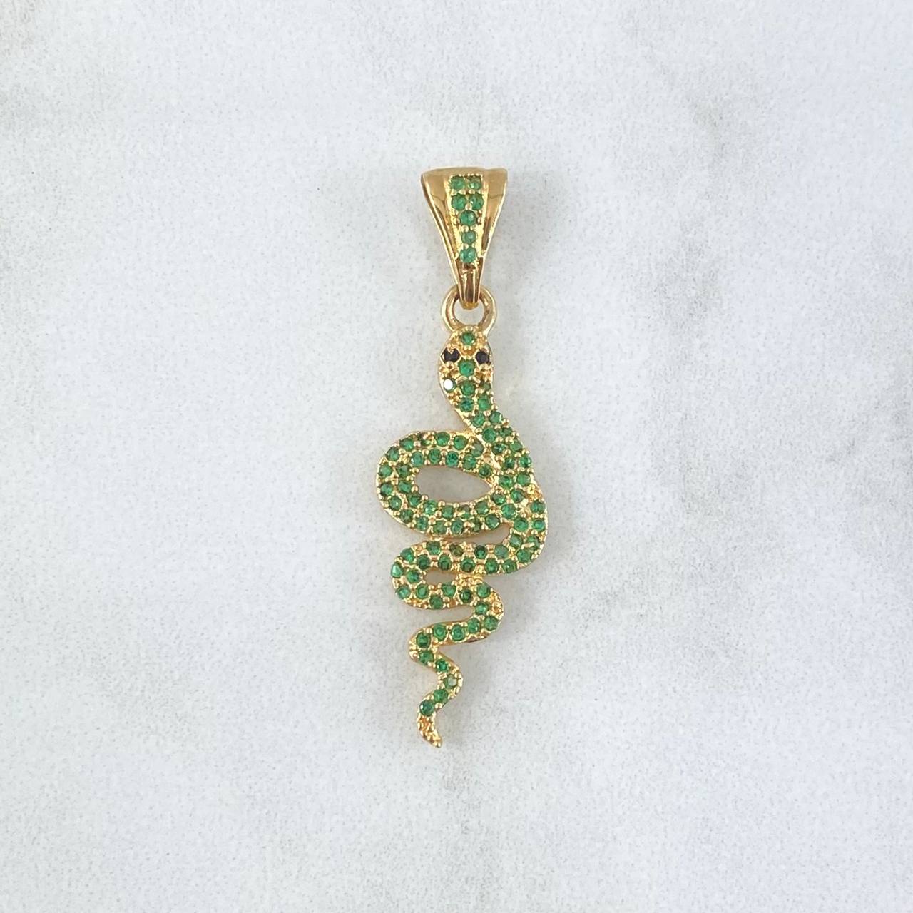 Pendant Snake 2.6gr / 3.8cm / Green Zircons - Black Eyes 18K Yellow Gold