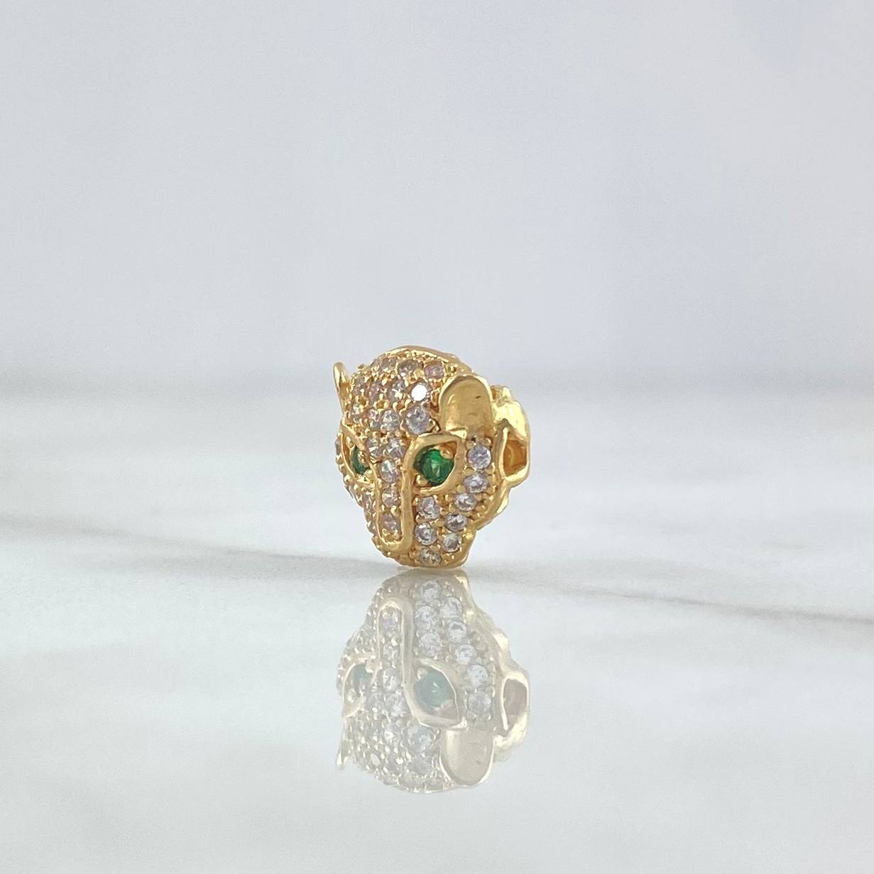 Herraje Rostro Pantera Plana 1.7gr / 1cm / Circones Blancos - Ojos Verdes Oro Amarillo 18K