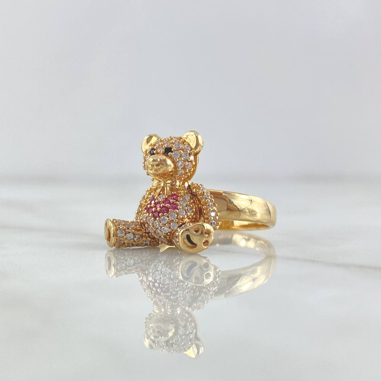 Articulated Bear Heart Ring 5.9gr / Size 5 3/4 / White Zircons - Fuchsias - Black Eyes 18K Yellow Gold