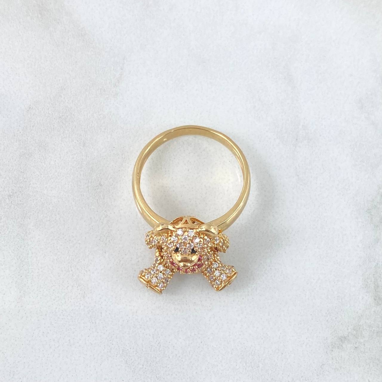 Articulated Bear Heart Ring 5.9gr / Size 5 3/4 / White Zircons - Fuchsias - Black Eyes 18K Yellow Gold
