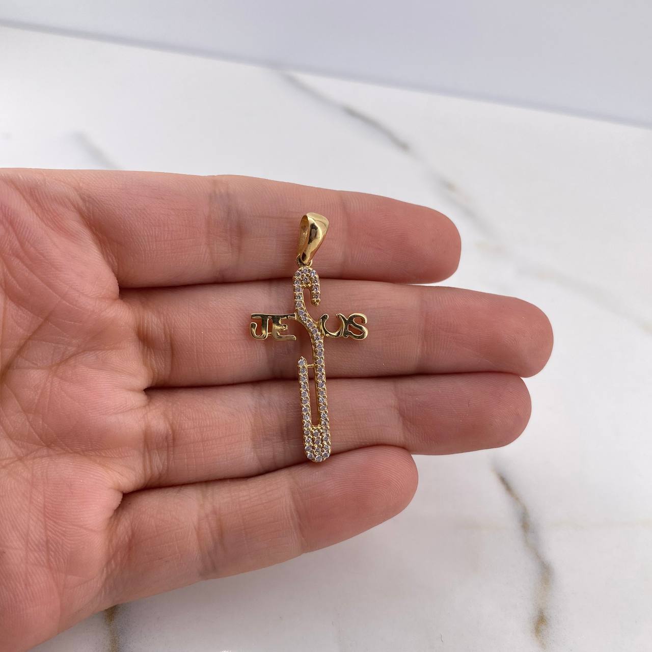 Pendant Jesus Cross 2.5gr / 3.7cm / White Zircons 18K Yellow Gold #
