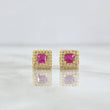 Stud Earrings Square Halo 1.35gr / 7mm White Zircons - Fuchsia 18K Yellow Gold *